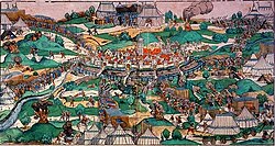 The city of Münster under siege by Prince-Bishop Franz von Waldeck in 1534. The picture shows the first attack at Pentecost.