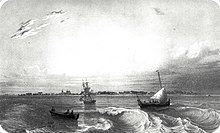 Engraving, circa 1850, showing the coast of the island of Noirmoutier seen from the sea.