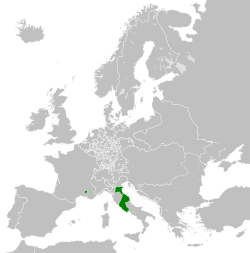 Map of the Papal States (green) in 1789, including its exclaves of Benevento and Pontecorvo in southern Italy, and the Comtat Venaissin and Avignon in southern France