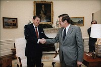 Donald Rumsfeld with President Ronald Reagan at The Oval Office in 1983