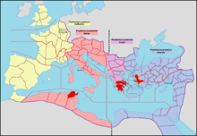 Map of Roman Empire in 400 showing the four Praetorian prefectures