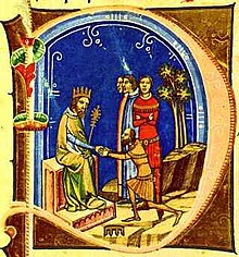 A miniature depicting a bearded bald man before an other bearded man who sits on a throne and wears a crown