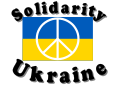 Ukrainische Flagge mit Friedenszeichen und Solidaritäts-Text in Englisch (SVG) (PDF-Version)