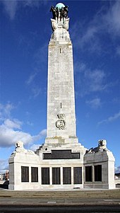 The Portsmouth Naval Memorial in Southsea: a large stone pillar and a plaque commemorating the fallen sailors of both World Wars