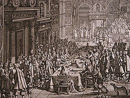 Celebration in Frederiksborg Castle to the Treaty of Roskilde. Painting (1658) by Erik Dahlbergh.
