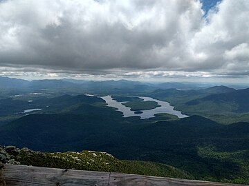 A view of nearby Lake Placid from the summit of Whiteface Mountain