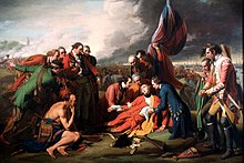 Benjamin West's "The Death of General Wolfe" dying in front of British flag while attended by officers and native allies