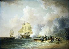 Painting of the 1794 invasion of Martinique, showing British warships exchanging fire with Fort Louis, while troops are landed on the beach by rowing boat