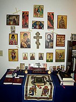 A fairly elaborate Eastern Orthodox icon corner as would be found in a private home.