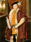 Edward VI in an elaborately trimmed and pinked, long-skirted late Tudor doublet under a crimson gown with hanging sleeves.