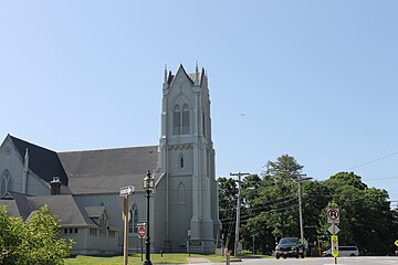 An example of Gothic Revival architecture, the First Parish United Church of Christ at 207 Maine Street in Brunswick (founded 1845), was added in 1969 to the National Register of Historic Places.