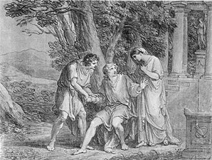 Scene from the 1802 première in Weimar of Goethe's Iphigenia in Tauris, with Goethe himself as Orestes in the centre.