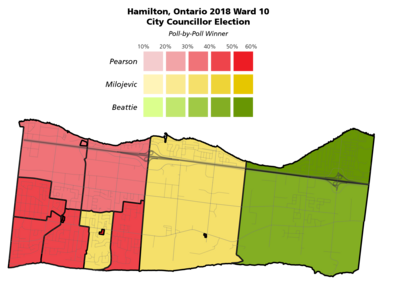 The poll-by-poll results for the Hamilton, Ontario Ward 10 city councillor election in 2018.