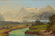 The river Muota, Brunnen, Lake Lucerne and Uri Rotstock from the north, c. 1870/80. Oil sketch (6.5 × 10 cm) by Heinrich Müller