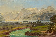 The Muota, Brunnen, Lake Lucerne and Uri Rotstock around 1870. Oil sketch (6.5 × 10 cm) by Heinrich Müller