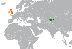 Map indicating locations of Kyrgyzstan and United Kingdom