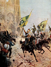 Painting shows three horsemen brandishing captured flags with the Reims Cathedral in the background.