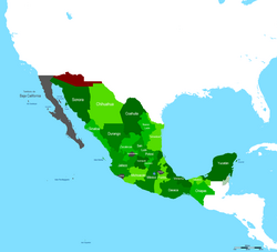 Mexico in 1853. Gray area represents Baja California and red area represents the 1854 Gadsden Purchase.