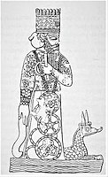 9th century BCE depiction of the Statue of Marduk, with his servant dragon Mušḫuššu at his feet. This was Marduk's main cult image in Babylon.