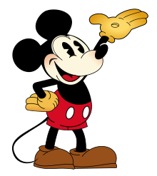 A smiling cartoon mouse with round ears, red shorts with white buttons, gloves, and round shoes.