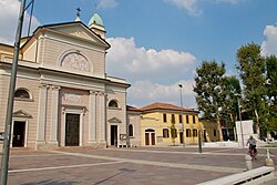 Central plaza of Affori, with the Santa Giustina church