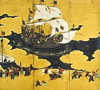 Screen detail depicting arrival of a Western ship, attributed to Kanō Naizen (1570–1616).