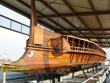 Olympias in its shed in the Naval Tradition Park, Palaio Faliro