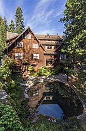 A rustic multi-story hotel sheathed in tree bark rests in a forest behind a reflecting pool.