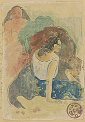 Watercolor monotype showing two women, one with her back to the viewer