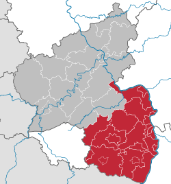 Map of Rhineland-Palatinate highlighting the former Regierungsbezirk of Rheinhessen-Pfalz