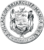Circular seal with a central image of the coat of arms of New York, with a Native American to the left and a Colonial-era soldier to the right.