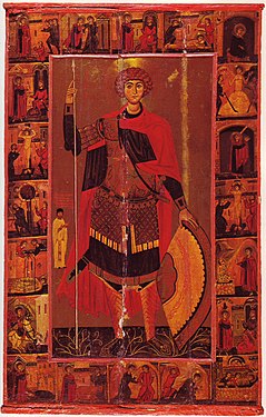 Monumental vita icon at Sinai, first half of the 13th century, likely by a Greek artist. The dragon episode is shown in one of twenty panels depicting the saint's life.