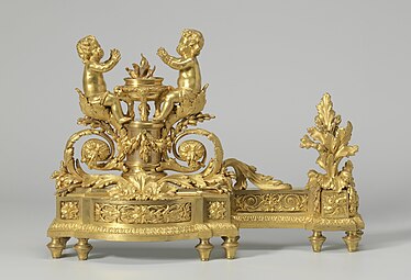 Louis XVI style firedog with putti that warm themselves at a flame, 1780–1790, ormolu, Rijksmuseum, Amsterdam, the Netherlands