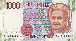 Vorderseite einer 1000-Lire-Banknote