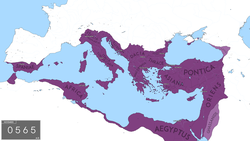 The Byzantine Empire at its greatest extent since the fall of the Western Roman Empire, under Justinian I in 565 AD.