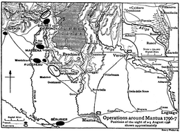 Black and white map is labeled "Operations around Mantua 1796-7: Positions on the night of 2–3 August 1796 shown approximately."