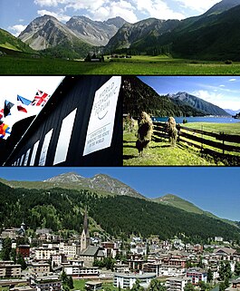 Top: View of the Sertig Valley, Middle left: World Economic Forum congress centre, Middle right: Lake Davos, Bottom: View over Davos