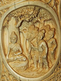 Five saintly persons visit Siddhartha while he meditates