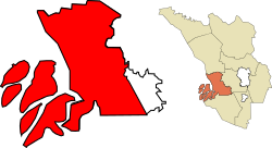 Location of area under MP Klang (red) within the Klang District (orange), and the state of Selangor (yellow).