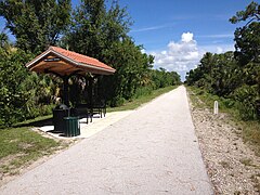 Covered benches called "stations" can be found throughout the trail every few miles