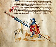 Hand cannon being fired from a stand, Bellifortis manuscript, by Konrad Kyeser, 1405