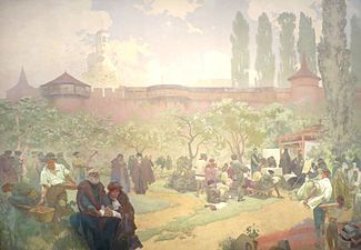 Mucha's The Slav Epic cycle No.15: The Printing of the Bible of Kralice in Ivančice (1914)