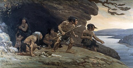 Restoration of Neanderthal Flintworkers, Le Moustier Cavern, Dordogne, France by Charles R. Knight