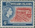 A 1957 stamp depicting the school-master's house, although it is erroneously labelled "Pitcairn School"