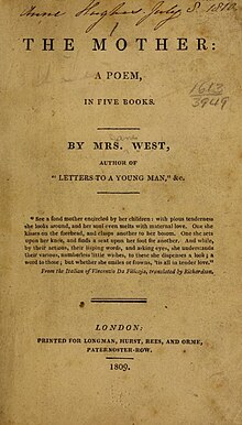 Title page of Jane West's The Mother: A Poem, in five books, 1809