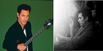 A collage of a man with a bass guitar against a green backdrop and a black-and-white image of a man smoking a cigarette