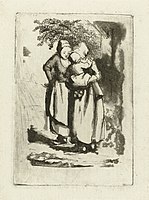 Two standing peasant women, one with a child on her arm