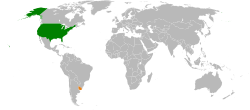 Map indicating locations of USA and Uruguay