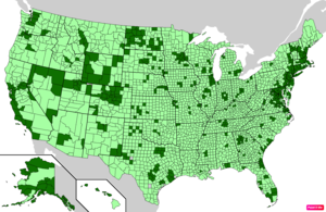 Counties in the United States by median nonfamily household income according to the U.S. Census Bureau American Community Survey 2013–2017 5-Year Estimates.[240] Counties with median nonfamily household incomes higher than the United States as a whole are in full green.