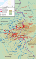 Karte der Truppenbewegungen während der Ardennenoffensive. Bastogne liegt etwa in der Mitte der Karte.